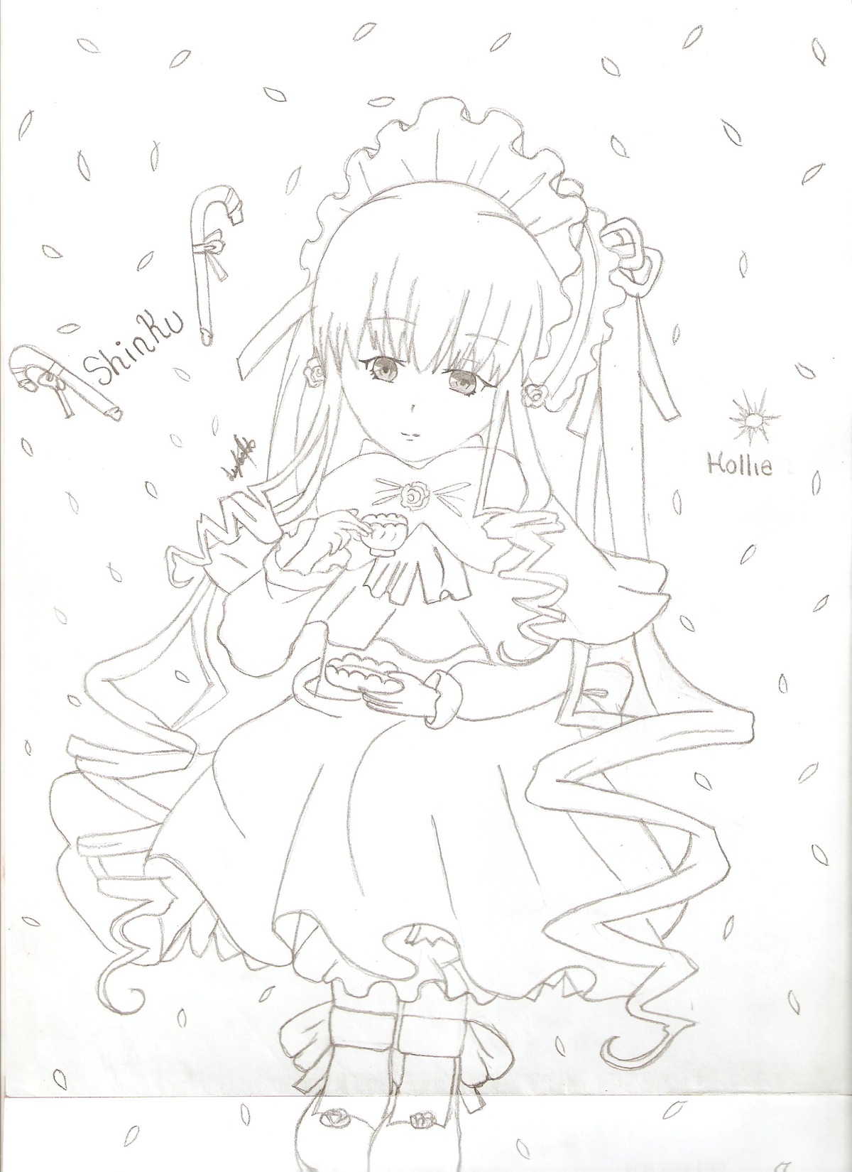 1girl bangs dress flower frills full_body greyscale image long_hair long_sleeves looking_at_viewer monochrome pantyhose petals ribbon shinku solo striped very_long_hair water_drop