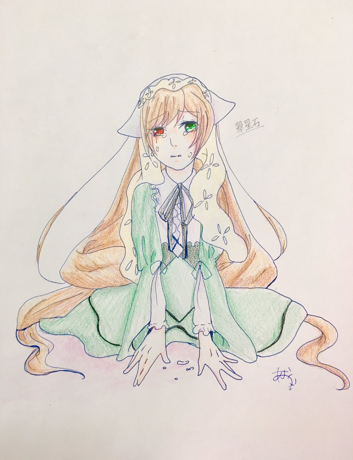 1girl blonde_hair dress green_dress green_eyes heterochromia image long_hair long_sleeves red_eyes signature simple_background solo suiseiseki traditional_media very_long_hair watercolor_(medium)