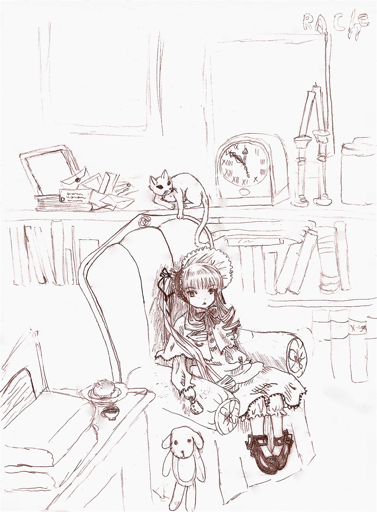 1girl dress image lolita_fashion long_hair monochrome shinku sketch solo standing stuffed_animal