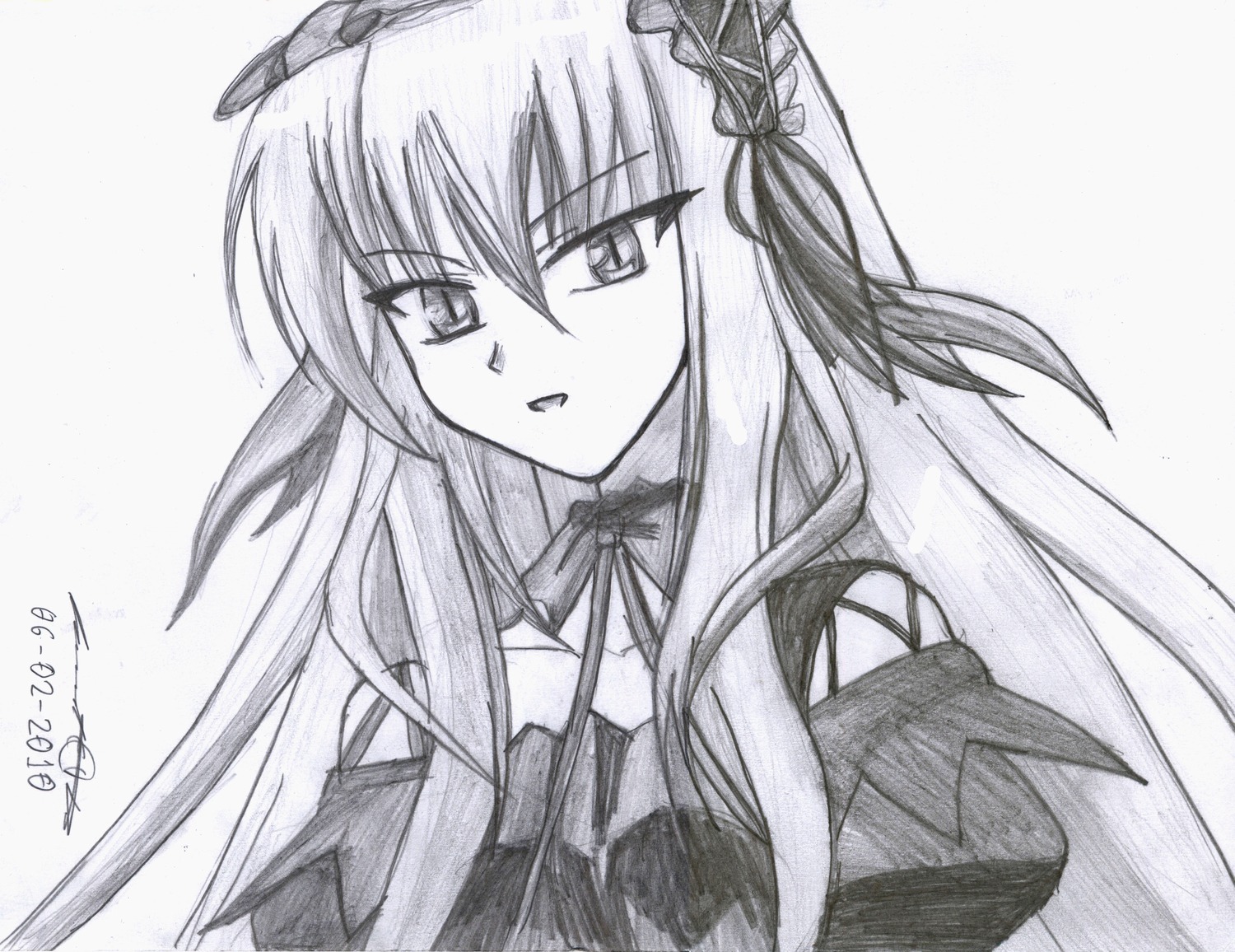 1girl dated dress eyebrows_visible_through_hair hairband image long_hair monochrome neck_ribbon ribbon signature simple_background solo suigintou traditional_media upper_body white_background