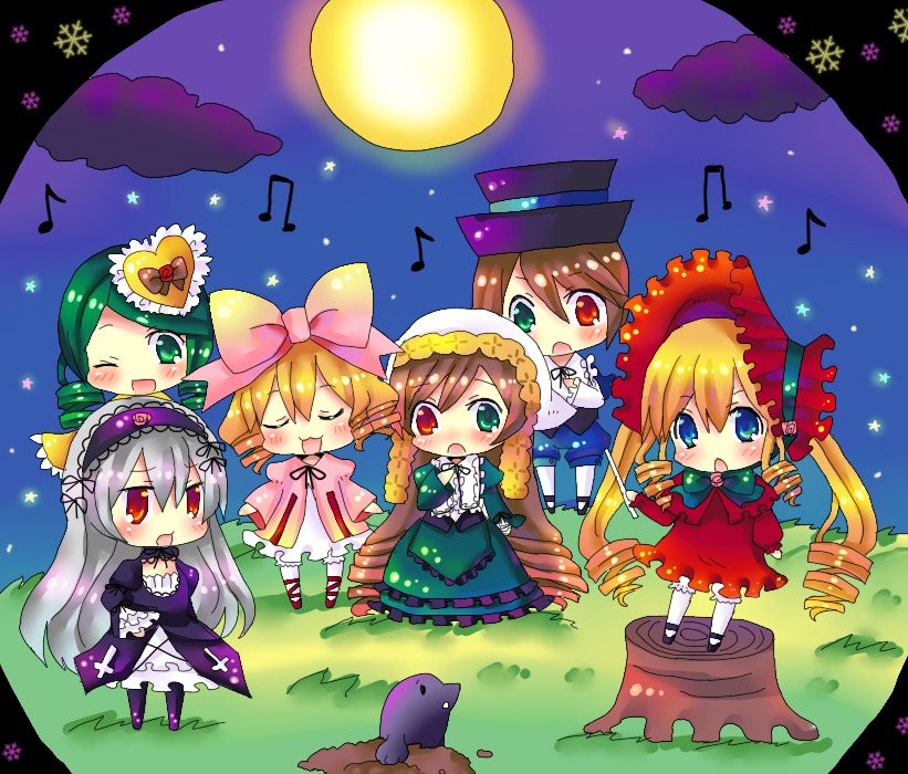 6+girls ? auto_tagged bad_id bad_pixiv_id beamed_eighth_notes beamed_sixteenth_notes blonde_hair blue_eyes blush bonnet bow brown_hair chibi chocolat_(momoiro_piano) crescent_moon dress drill_hair eighth_note flower frills green_eyes green_hair hair_bow hair_ornament hairband hat heterochromia hina_ichigo image instrument kanaria long_hair long_sleeves mole_(animal) moon multiple multiple_girls music musical_note one_eye_closed open_mouth pantyhose pink_bow pink_dress quarter_note red_eyes rozen_maiden shinku short_hair siblings silver_hair singing sisters smile souseiseki spoken_musical_note suigintou suiseiseki tagme twins twintails very_long_hair watering_can