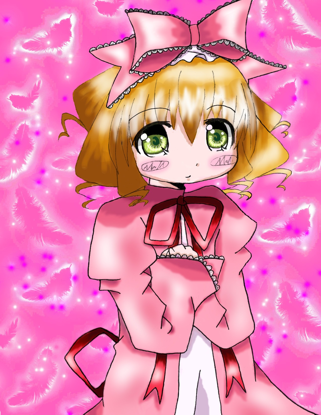 1girl blonde_hair bow bug butterfly dress green_eyes hair_bow hina_ichigo hinaichigo image insect long_sleeves pink_bow pink_dress ribbon short_hair smile solo tears