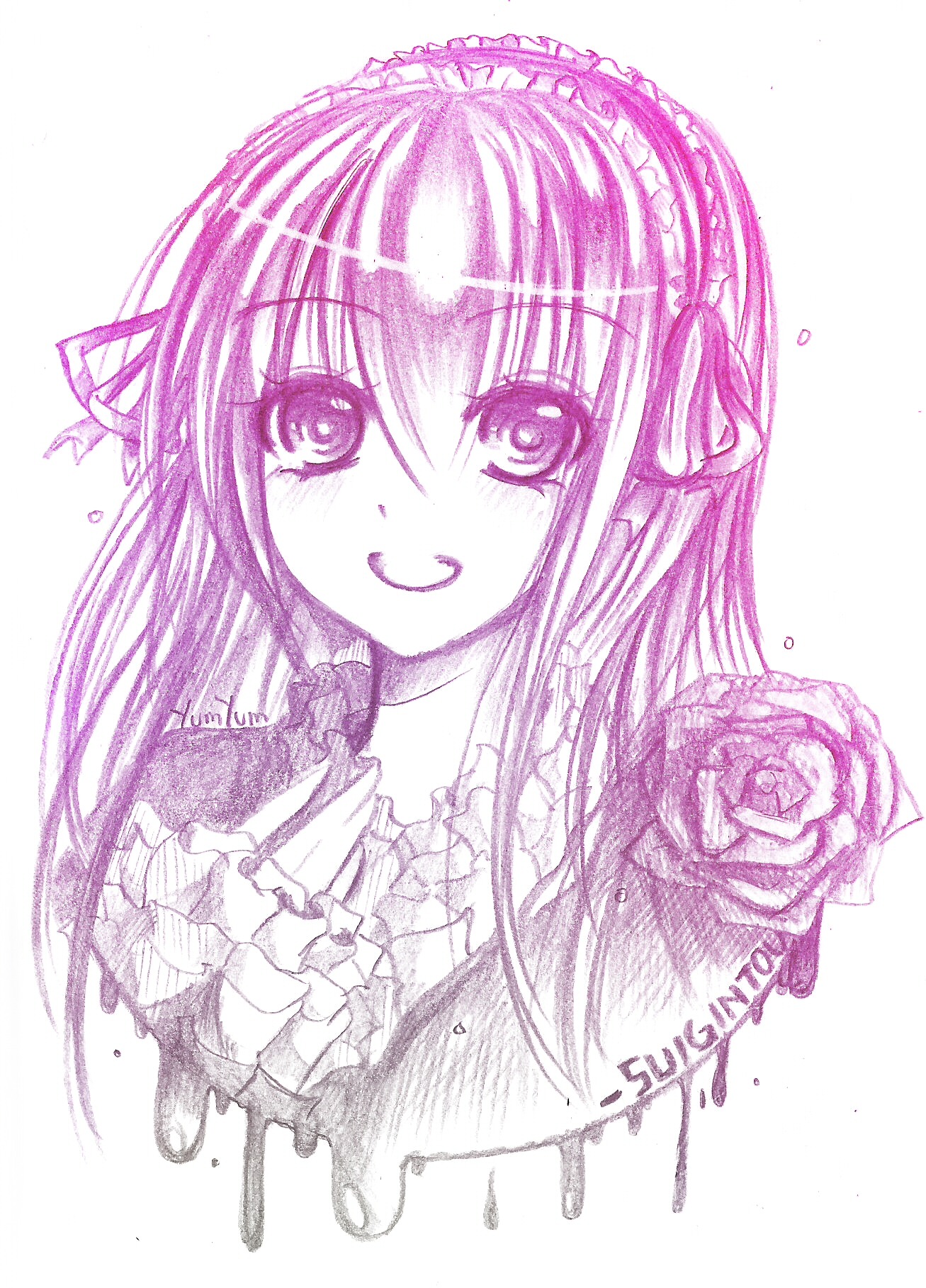 1girl :d auto_tagged blush flower frills hairband image long_hair looking_at_viewer monochrome open_mouth ribbon rose smile solo striped suigintou traditional_media