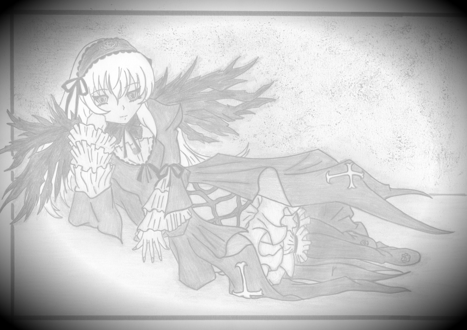 1girl auto_tagged boots dress frills full_body greyscale hairband image long_hair long_sleeves monochrome ribbon solo suigintou very_long_hair wings