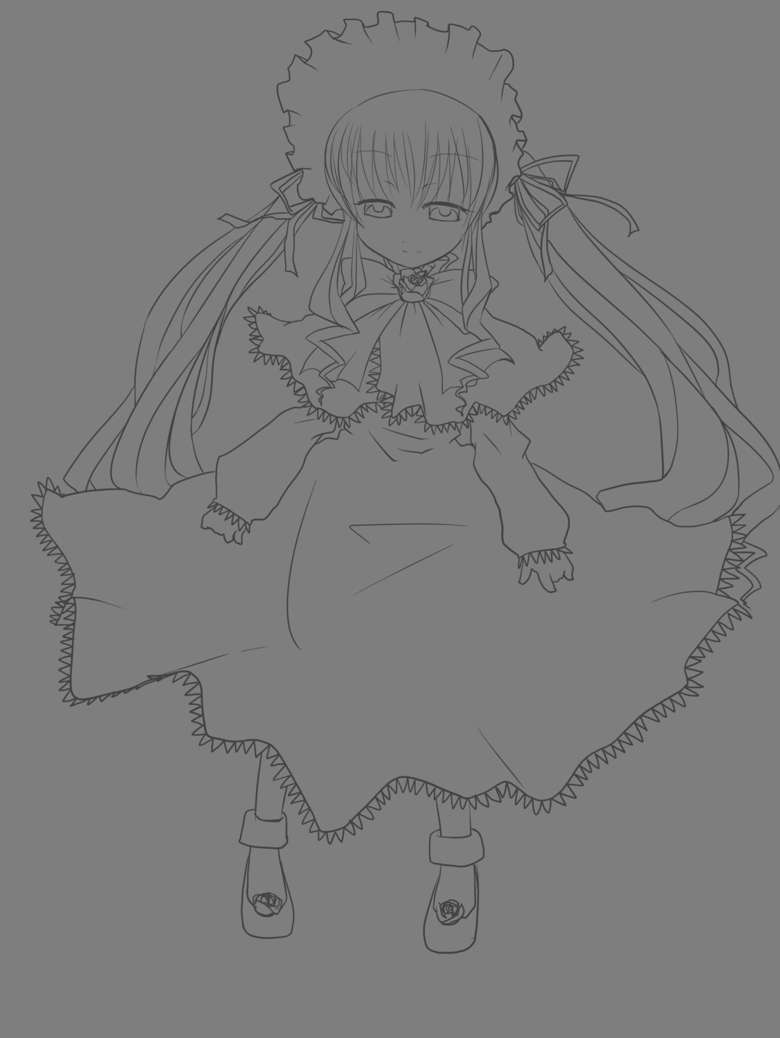 1girl ankle_boots boots dress full_body greyscale image long_hair long_sleeves looking_at_viewer monochrome ribbon shinku simple_background smile solo standing twintails very_long_hair white_background