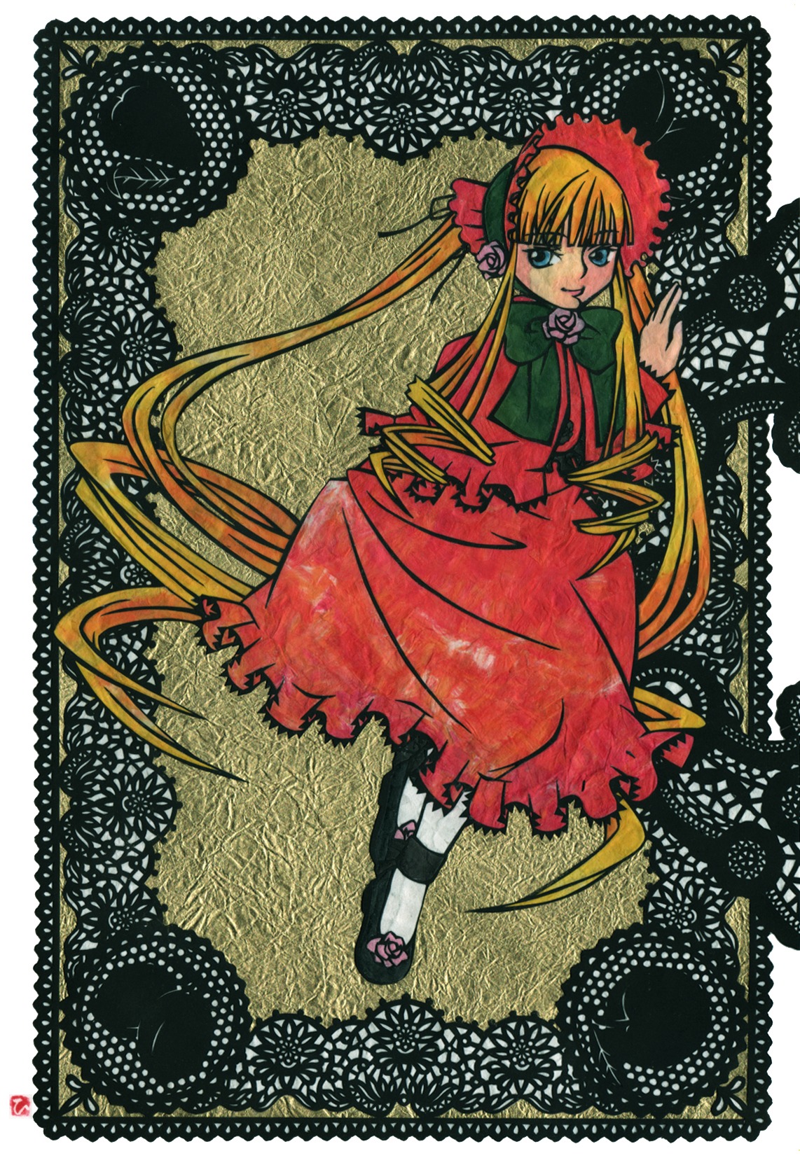 1girl auto_tagged blonde_hair blue_eyes bonnet bow bowtie dress flower full_body green_bow image long_hair long_sleeves looking_at_viewer red_dress rose shinku shoes solo standing twintails very_long_hair