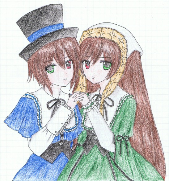 2girls blue_dress brown_hair dress frills green_dress green_eyes hat head_scarf heterochromia holding_hands image interlocked_fingers long_hair long_sleeves looking_at_viewer multiple_girls pair red_eyes short_hair siblings sisters souseiseki suiseiseki top_hat twins