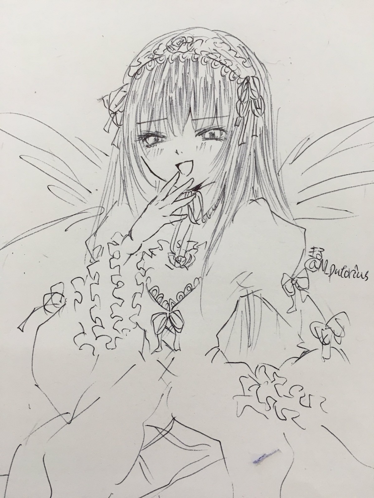 1girl bangs blush dress eyebrows_visible_through_hair frills greyscale hairband image juliet_sleeves long_hair long_sleeves looking_at_viewer monochrome open_mouth sketch smile solo suigintou traditional_media wide_sleeves wings