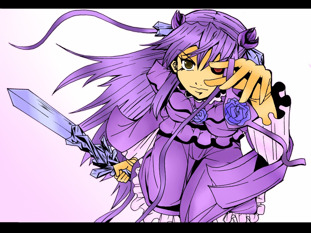 1girl barasuishou black_border blue_flower blue_rose dress flower image letterboxed long_hair purple_hair purple_theme ribbon rose solo weapon