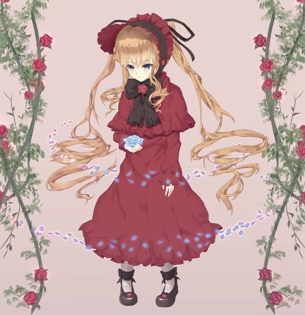 1girl bad_id bad_pixiv_id blonde_hair blue_eyes blue_flower blue_rose bonnet bow bowtie capelet dress flower full_body hi69 holding image leaf long_hair mary_janes petals pink_rose plant purple_background purple_rose red_capelet red_dress red_flower red_rose rose rose_petals rozen_maiden shinku shoes solo spoilers standing thorns twintails vines