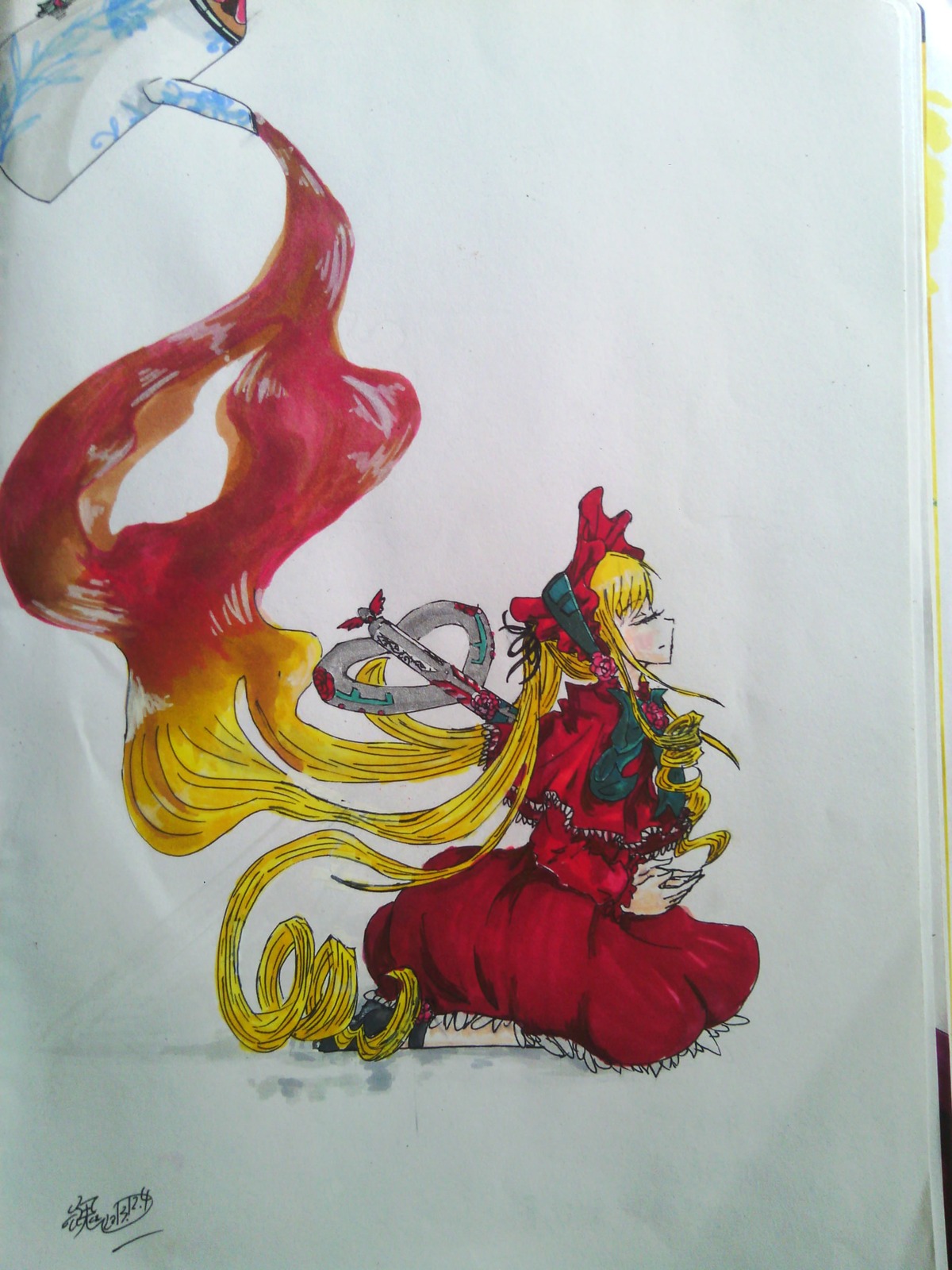 1girl blonde_hair bow closed_eyes dress image long_hair marker_(medium) photo red_dress shinku shoes signature sitting solo traditional_media very_long_hair