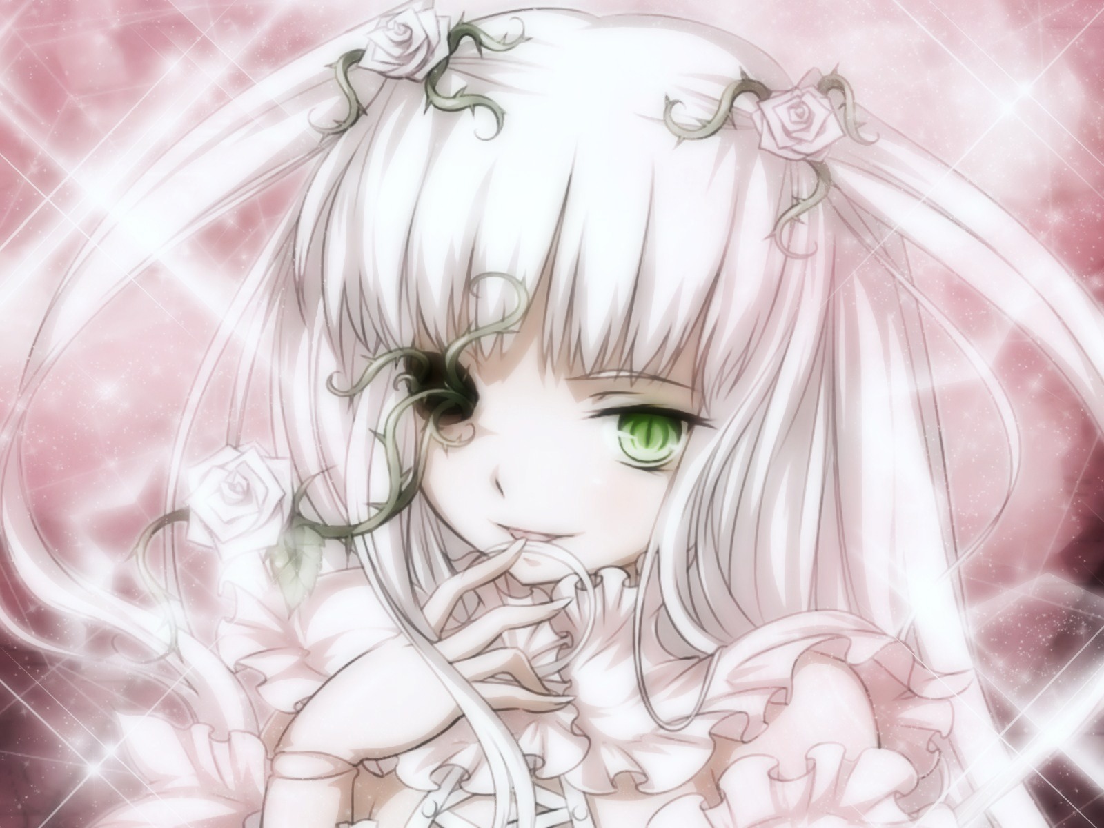 1girl eyepatch flower frills green_eyes hair_flower hair_ornament image kirakishou long_hair pink_rose rose solo sparkle thorns white_flower white_hair white_rose