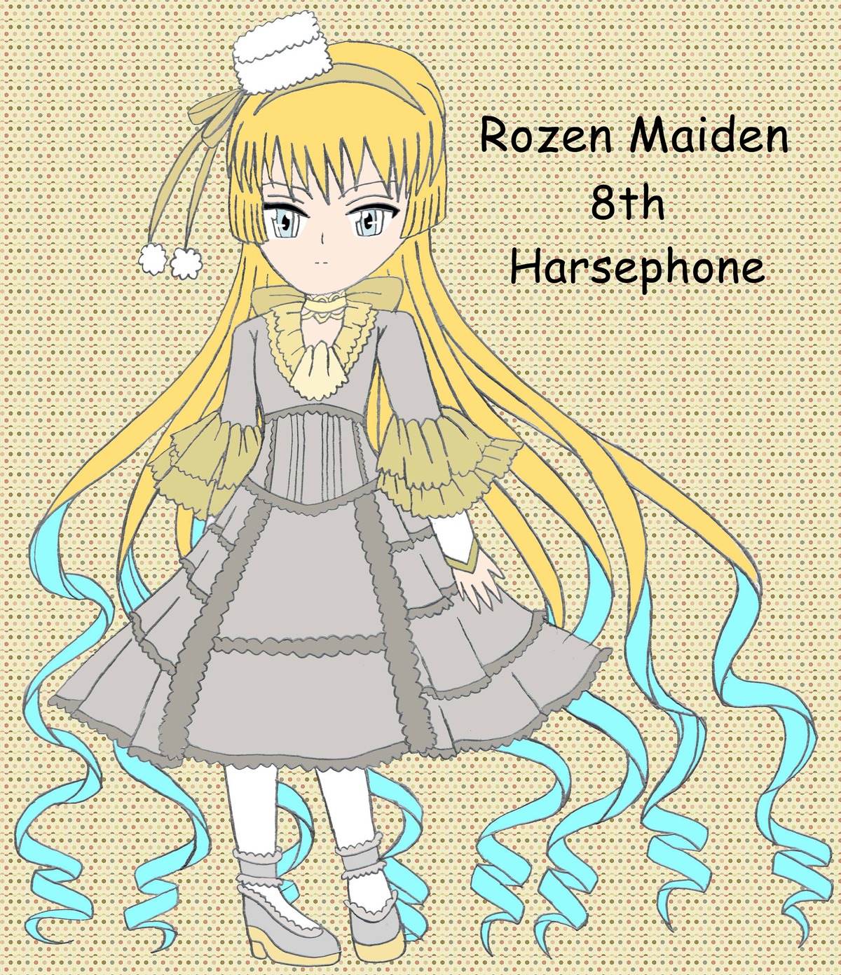 1girl blonde_hair character_name dress full_body hairband halftone halftone_background image lolita_fashion long_hair long_sleeves polka_dot polka_dot_background shinku solo standing very_long_hair white_legwear