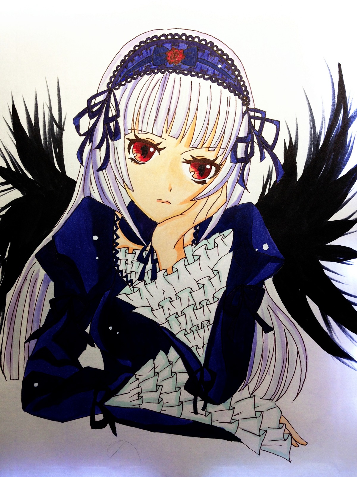 1girl bangs black_ribbon black_wings dress feathers frilled_sleeves frills hairband image juliet_sleeves long_hair long_sleeves looking_at_viewer puffy_sleeves red_eyes ribbon rose simple_background solo suigintou upper_body white_background wings