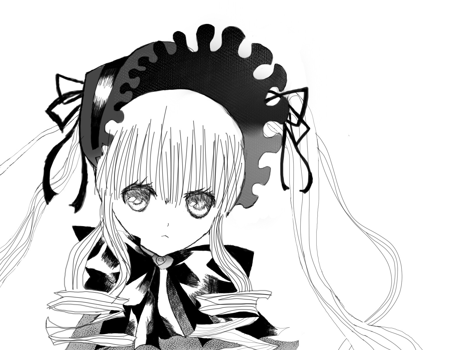 1girl blush capelet closed_mouth dress greyscale hair_ribbon image long_hair looking_at_viewer monochrome ribbon shinku simple_background solo striped twintails upper_body white_background