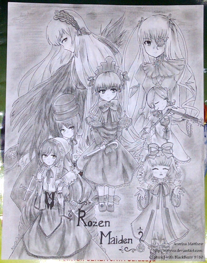 6+girls closed_eyes dress flower hat image long_hair long_sleeves looking_at_viewer monochrome multiple multiple_girls shinku short_hair smile souseiseki suigintou suiseiseki tagme top_hat traditional_media