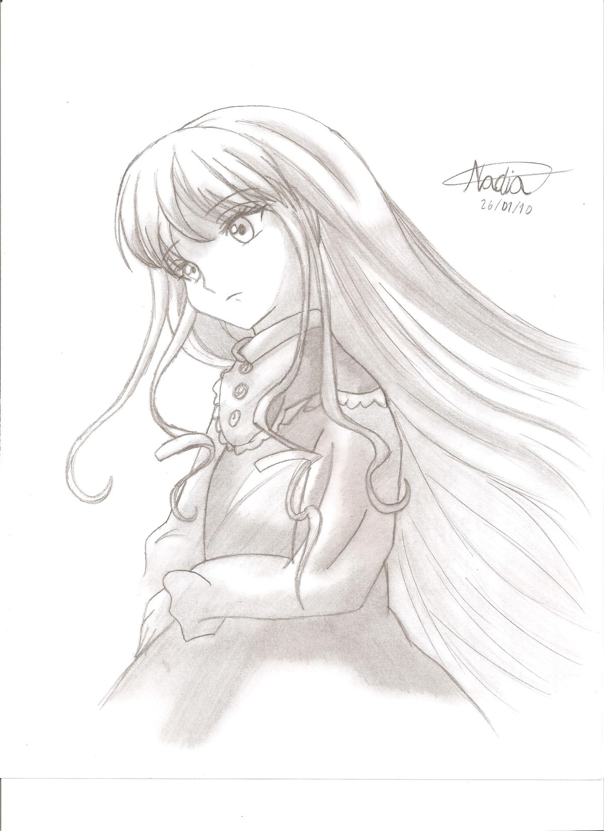 1girl bangs dated expressionless eyebrows_visible_through_hair greyscale image long_hair long_sleeves looking_at_viewer monochrome shinku sidelocks signature solo