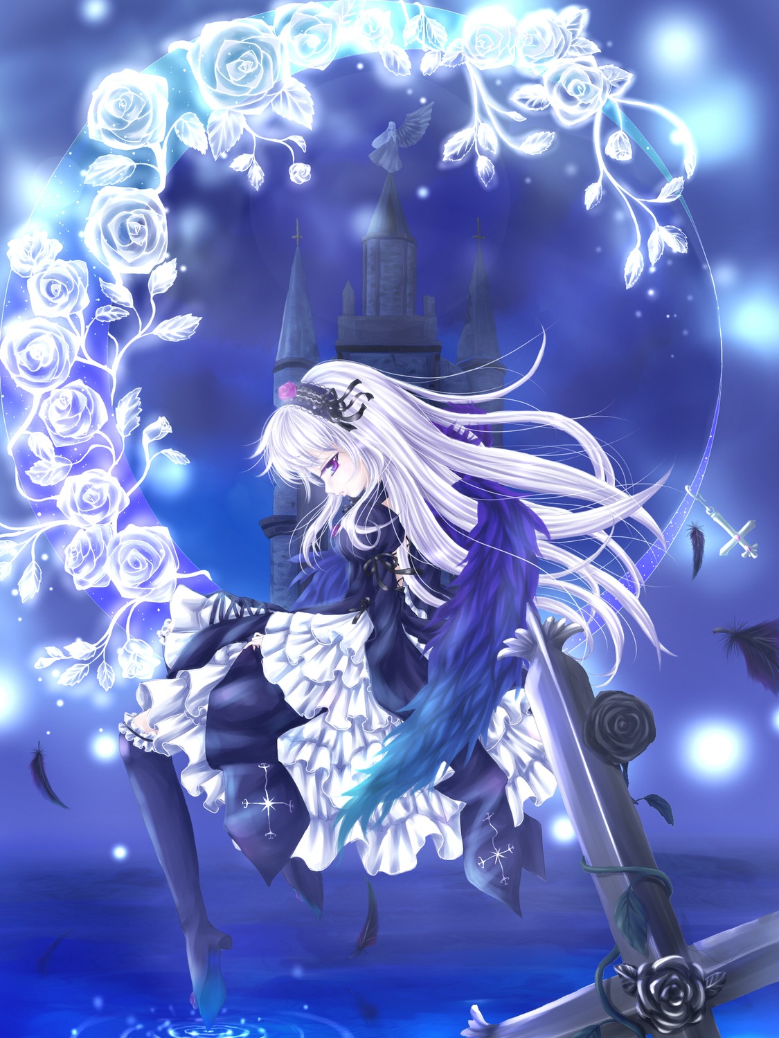 1girl auto_tagged black_flower black_rose dress feathers flower frills image long_hair purple_eyes rose silver_hair solo suigintou white_flower white_hair white_rose wings