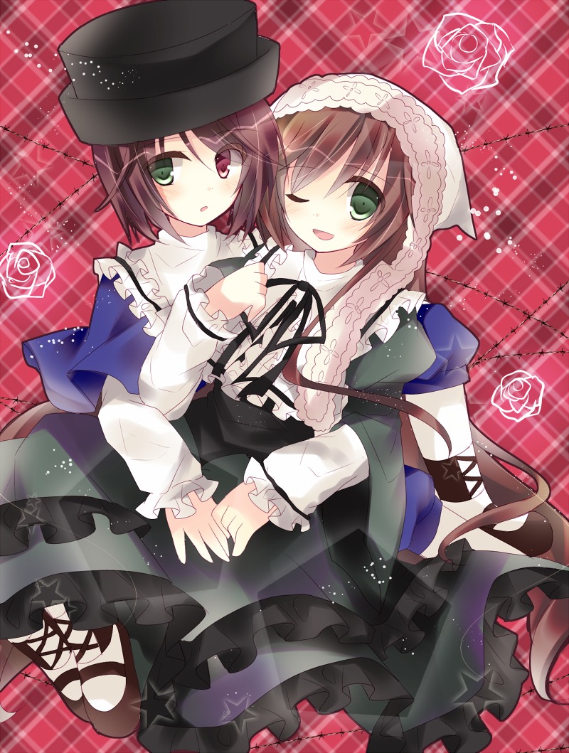 2girls blue_dress brown_hair dress flower frills green_eyes hat head_scarf holding_hands image long_sleeves multiple_girls open_mouth pair plaid plaid_background rose short_hair siblings sisters smile souseiseki suiseiseki twins