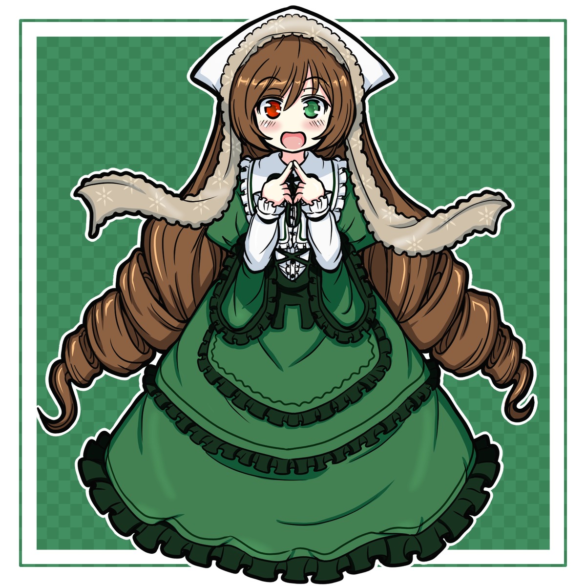 1girl :d argyle argyle_background blush brown_hair checkered checkered_background corset dress drill_hair frills green_background green_dress green_eyes heterochromia image lolita_fashion long_hair long_sleeves looking_at_viewer open_mouth plaid_background red_eyes smile solo suiseiseki twin_drills very_long_hair