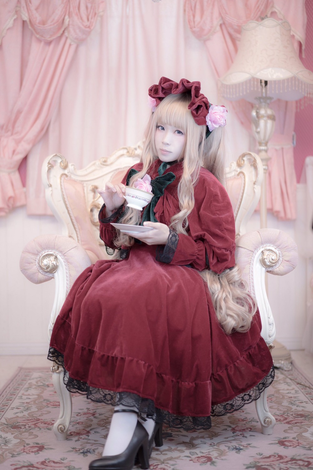 1girl blonde_hair blue_eyes bonnet bow curtains dress flower high_heels lolita_fashion long_hair red_dress rose shinku sitting solo very_long_hair