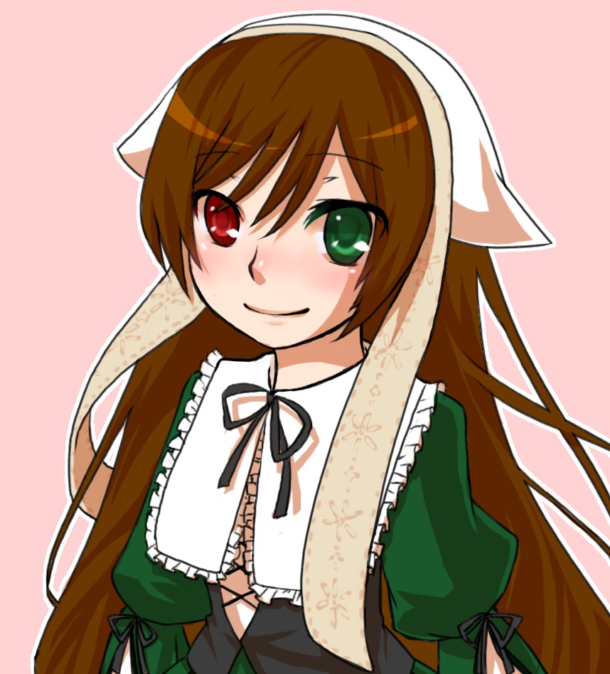 1girl black_ribbon blush brown_hair dress flat_chest frills green_dress green_eyes head_scarf heterochromia image long_hair long_sleeves looking_at_viewer pink_background red_eyes ribbon simple_background smile solo suiseiseki upper_body very_long_hair