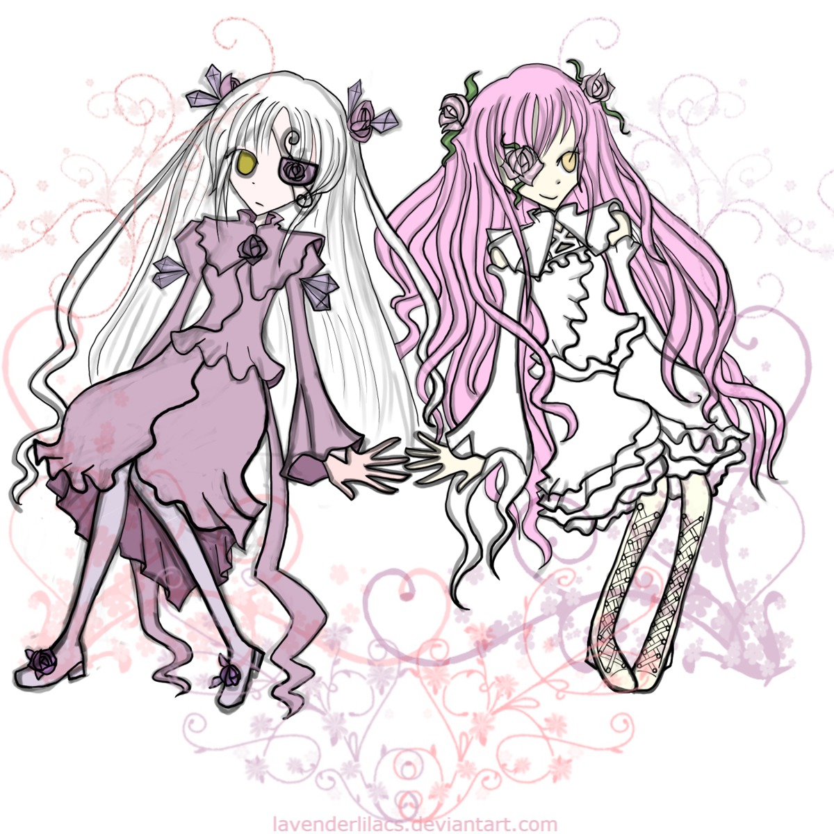 2girls barasuishou boots bow dress eyepatch flower frills hair_flower high_heels image kirakishou long_hair multiple_girls pair pink_hair pink_rose ribbon rose shoes smile thorns very_long_hair vines white_dress white_rose yellow_eyes