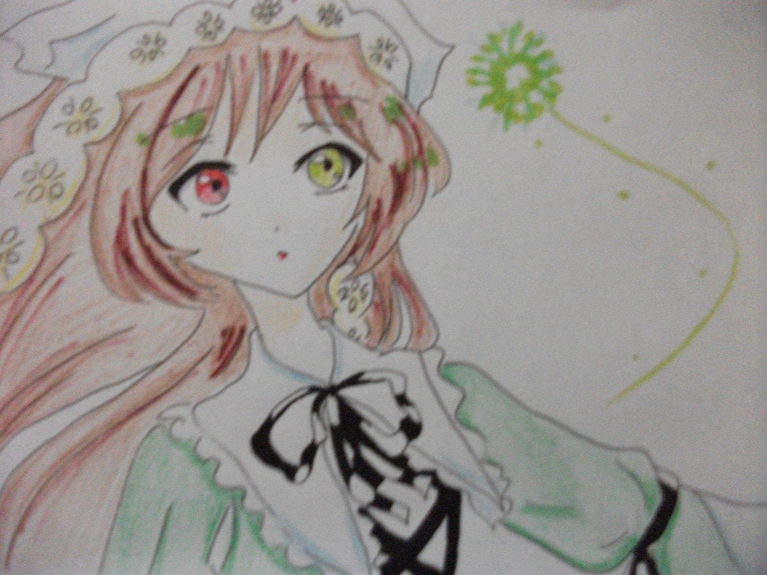 1girl black_neckwear blurry green_eyes heterochromia image leaf long_hair looking_at_viewer photo pink_hair red_eyes solo suiseiseki traditional_media upper_body