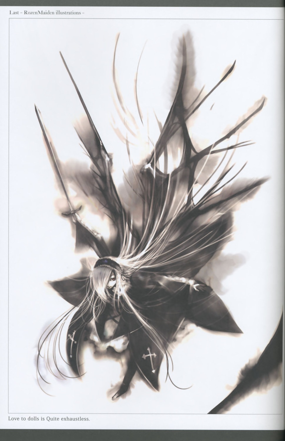 1girl blurry depth_of_field dress image long_hair looking_at_viewer monochrome motion_blur solo standing suigintou very_long_hair weapon wings