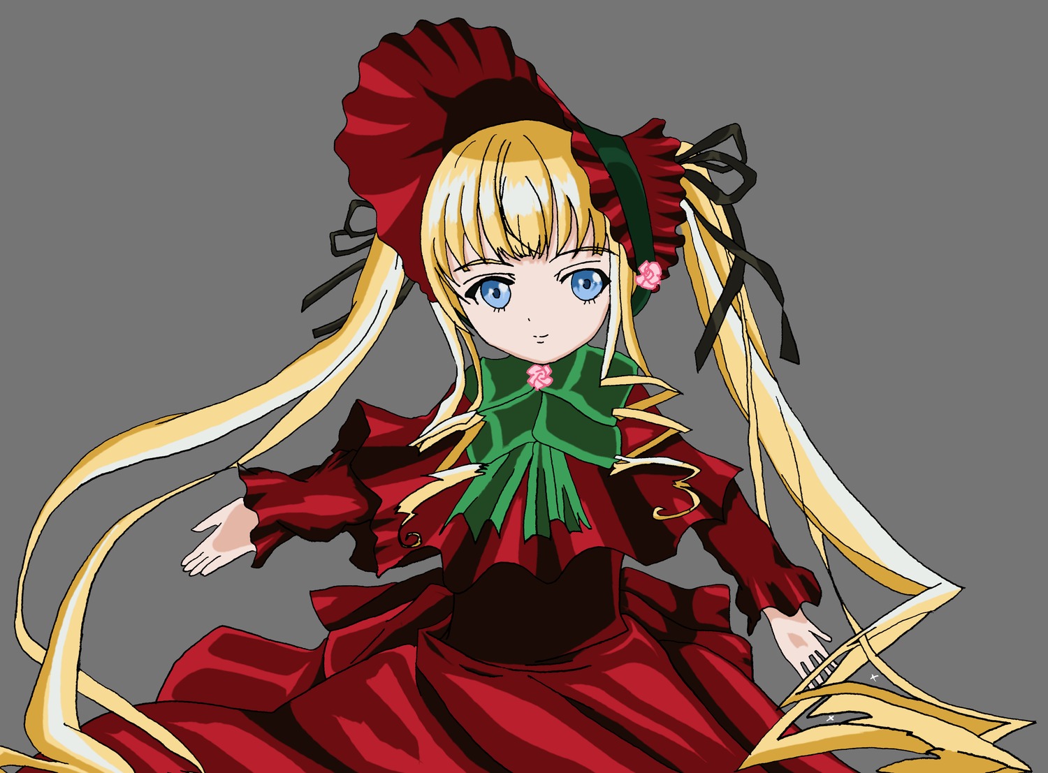 1girl bangs blonde_hair blue_eyes bonnet bow bowtie capelet dress flower green_bow green_neckwear grey_background hair_ribbon image long_hair long_sleeves looking_at_viewer red_dress ribbon shinku sidelocks simple_background solo twintails very_long_hair