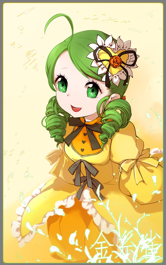 1girl ahoge dress drill_hair flower frills green_eyes green_hair hair_ornament image kanaria long_sleeves open_mouth rose smile solo striped_background twin_drills yellow_background