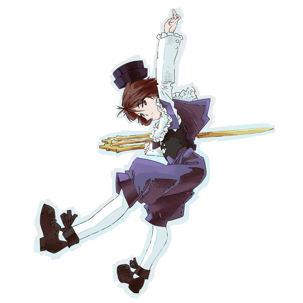 1girl boots brown_footwear brown_hair full_body hat heterochromia image long_sleeves pantyhose solo souseiseki top_hat weapon white_legwear