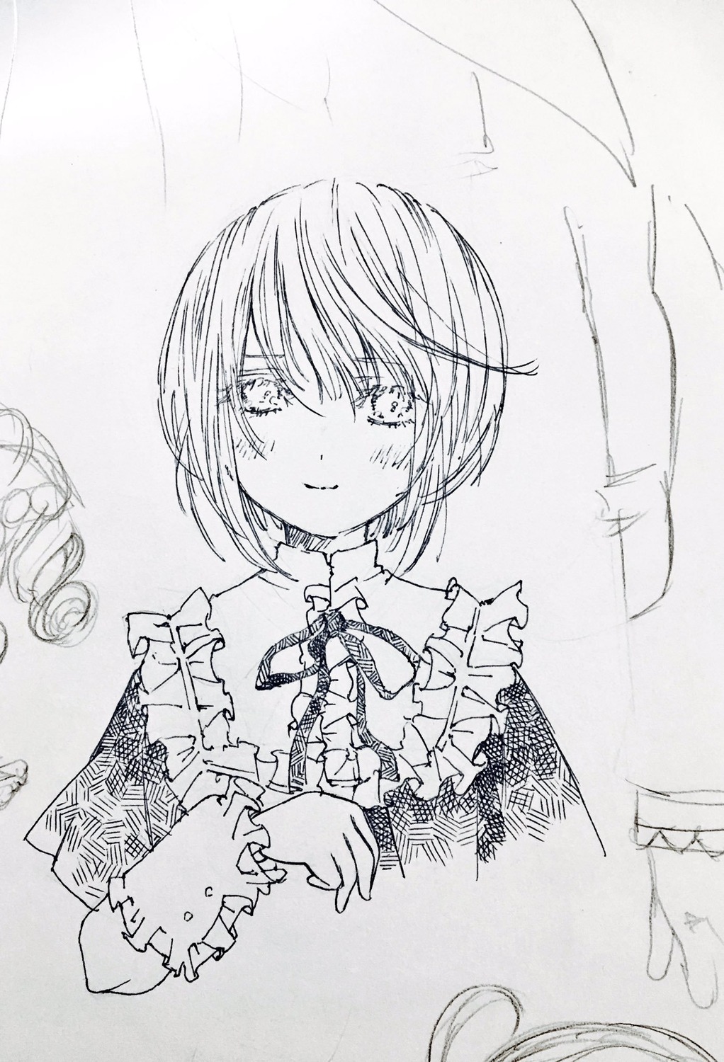 1girl blush choker closed_mouth eyebrows_visible_through_hair frills greyscale image long_sleeves looking_at_viewer monochrome short_hair sketch smile solo souseiseki tears traditional_media upper_body