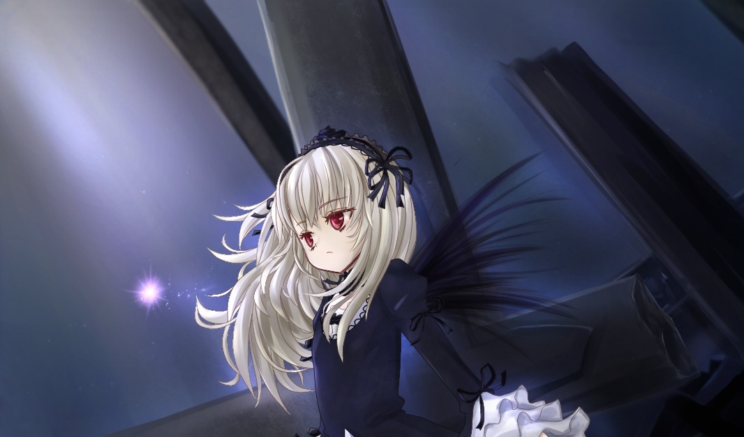 1girl bangs black_dress black_ribbon black_wings dress dutch_angle frills hairband image long_hair long_sleeves looking_at_viewer night night_sky puffy_sleeves red_eyes ribbon silver_hair sky solo suigintou wings