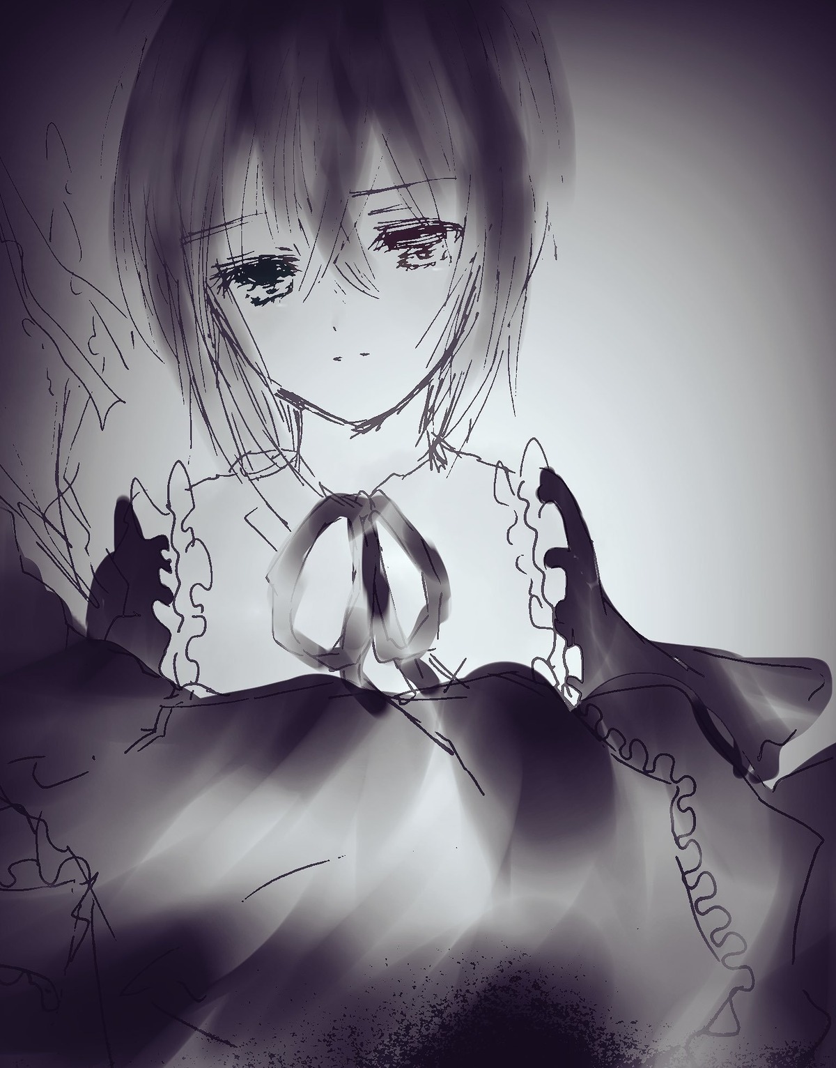 1girl blush closed_mouth eyebrows_visible_through_hair frills gradient gradient_background greyscale half-closed_eyes hariruri image looking_at_viewer maid monochrome short_hair smile solo souseiseki upper_body