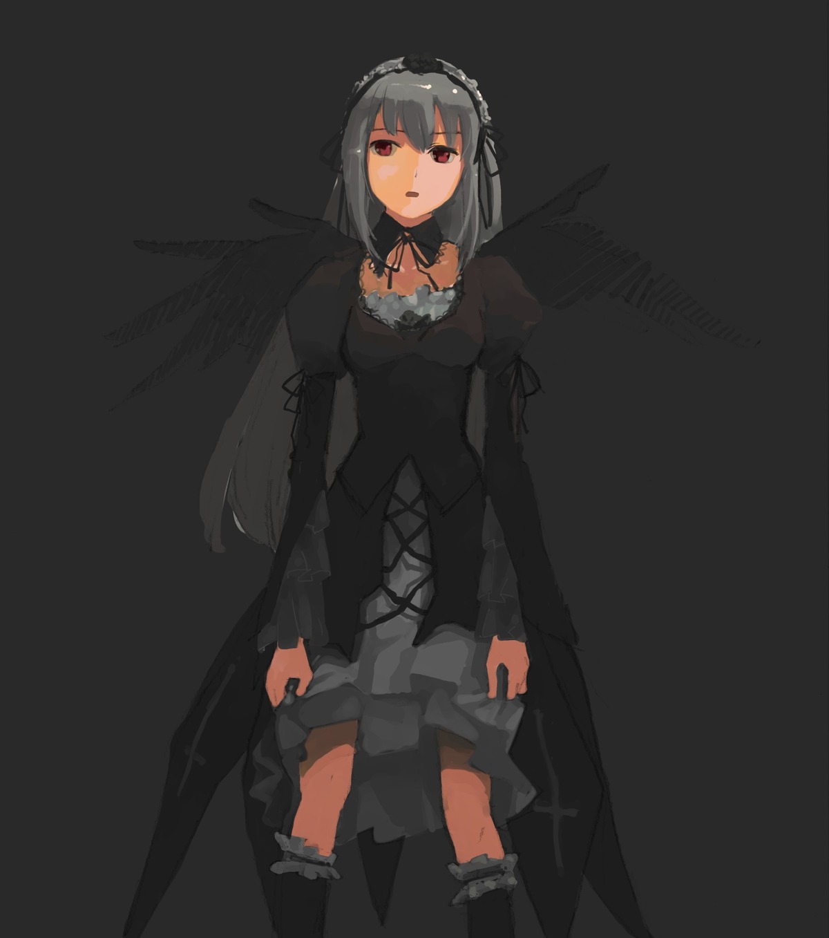 1girl auto_tagged black_dress black_wings boots choker dress expressionless frills hairband image juliet_sleeves knee_boots long_hair long_sleeves looking_at_viewer red_eyes ribbon silver_hair simple_background solo standing suigintou wings
