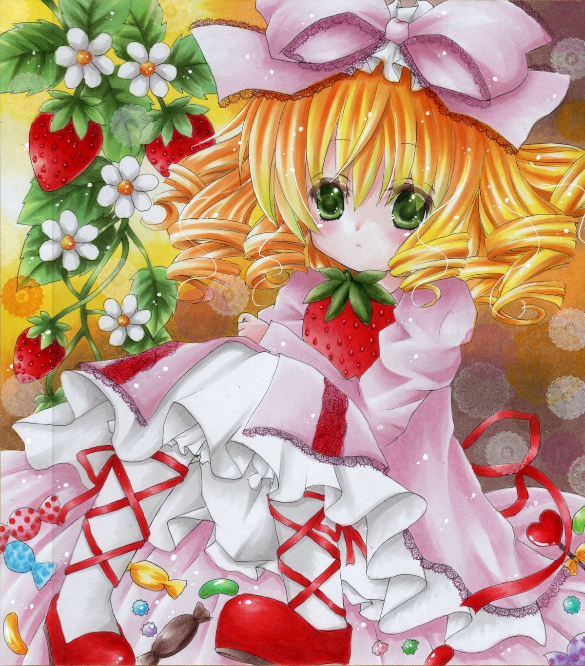 1girl apple blonde_hair cherry dress drill_hair flower food fruit grapes green_eyes hat hina_ichigo hinaichigo holding_fruit image marker_(medium) orange pantyhose ribbon solo strawberry traditional_media twin_drills