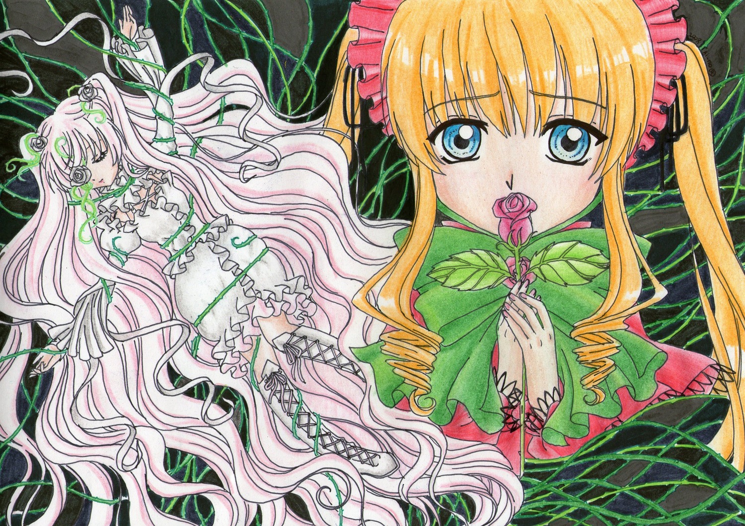 2girls blonde_hair blue_eyes bow double_bun dress flower frills hair_flower image kirakishou long_hair multiple_girls pair pink_flower pink_hair pink_rose plant rose shinku thorns traditional_media very_long_hair vines