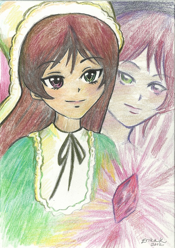 2girls bonnet brown_hair green_dress green_eyes heterochromia image long_hair looking_at_viewer multiple_girls pair signature smile souseiseki suiseiseki swept_bangs traditional_media