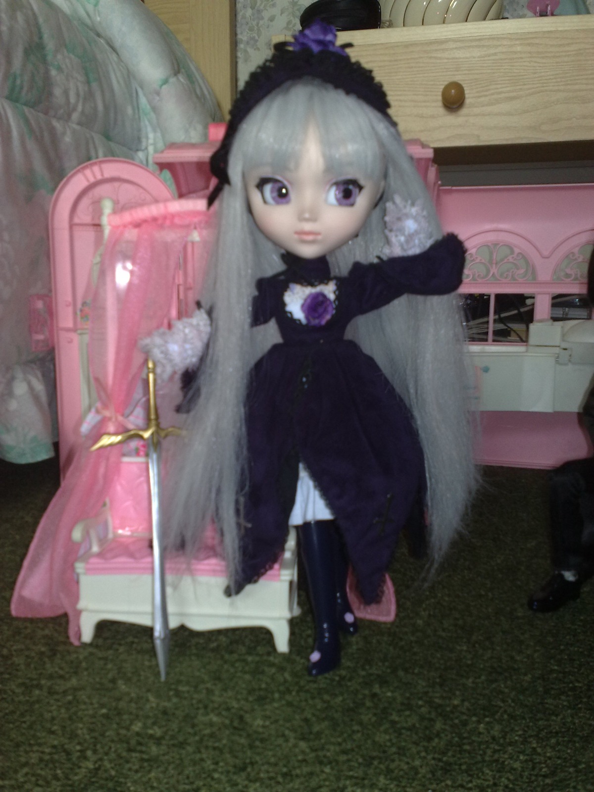 1girl doll dress fur_trim long_hair photo purple_eyes solo suigintou