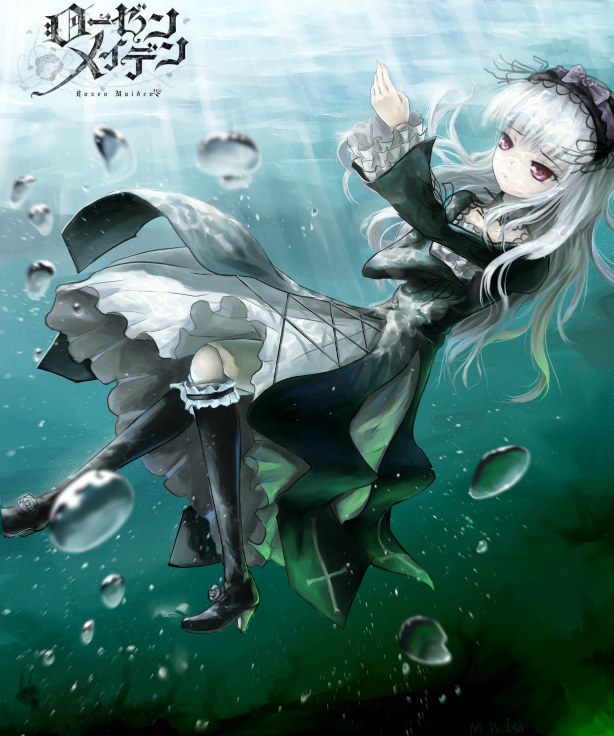 1girl air_bubble black_footwear boots bubble dress frills hairband image lolita_hairband long_hair long_sleeves red_eyes silver_hair solo suigintou underwater