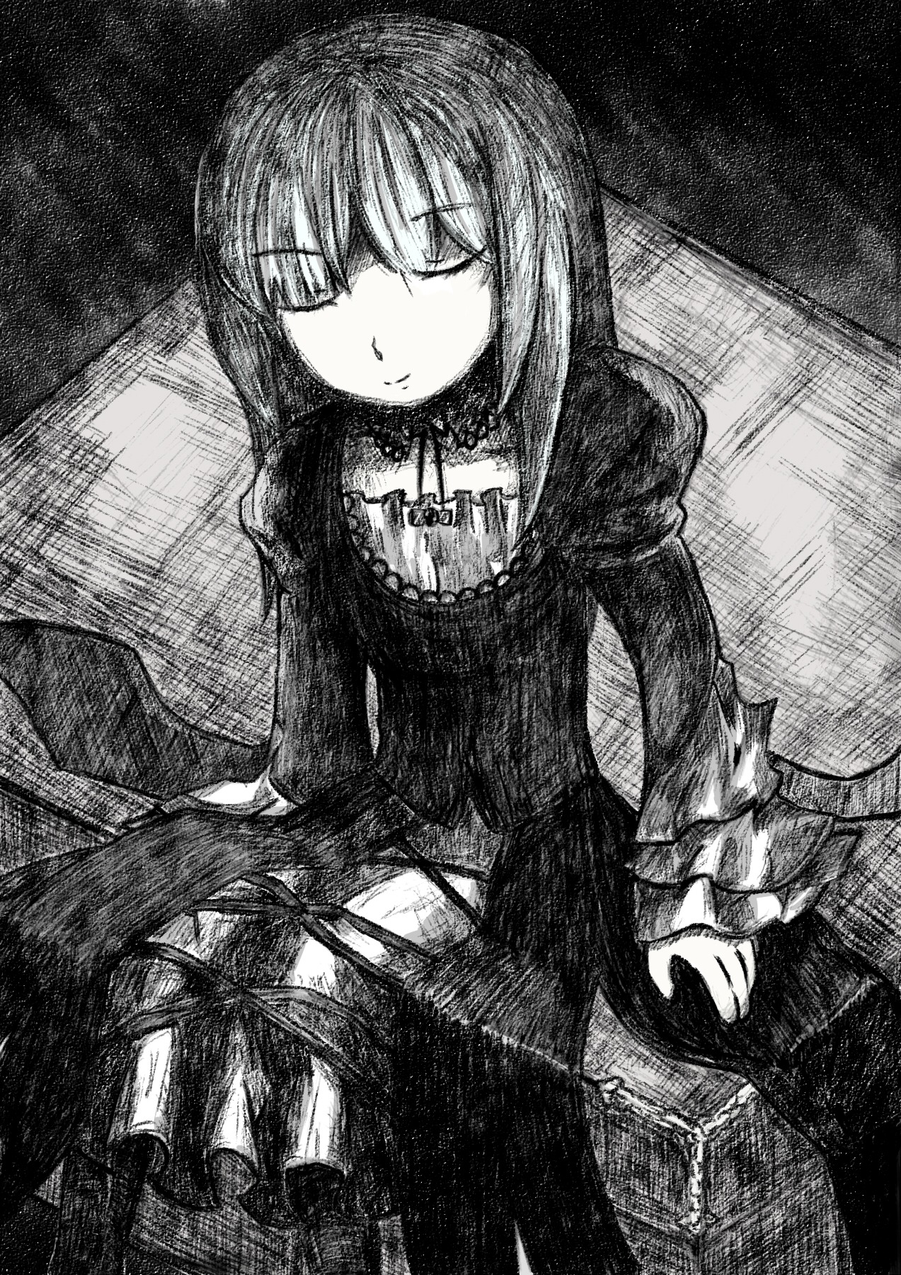 1girl blunt_bangs choker closed_eyes closed_mouth dress frills greyscale image long_hair long_sleeves monochrome sitting smile solo suigintou