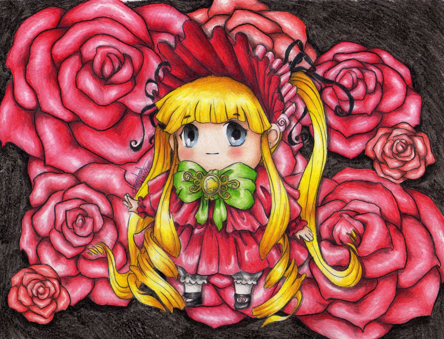 1girl blonde_hair blue_eyes dress drill_hair flower green_bow hat image long_hair looking_at_viewer marker_(medium) millipen_(medium) nib_pen_(medium) pink_flower pink_rose red_dress red_flower red_rose rose rose_petals shinku solo thorns traditional_media twin_drills twintails very_long_hair watercolor_(medium)