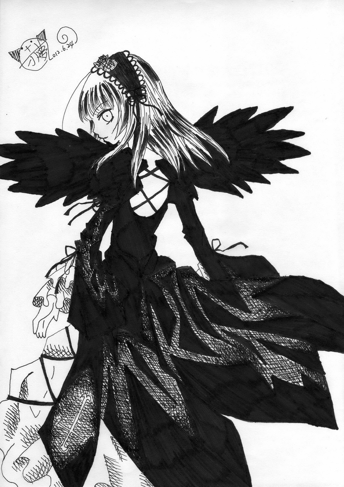 1girl black_wings dress frills greyscale hairband image long_hair long_sleeves looking_at_viewer monochrome solo suigintou wings