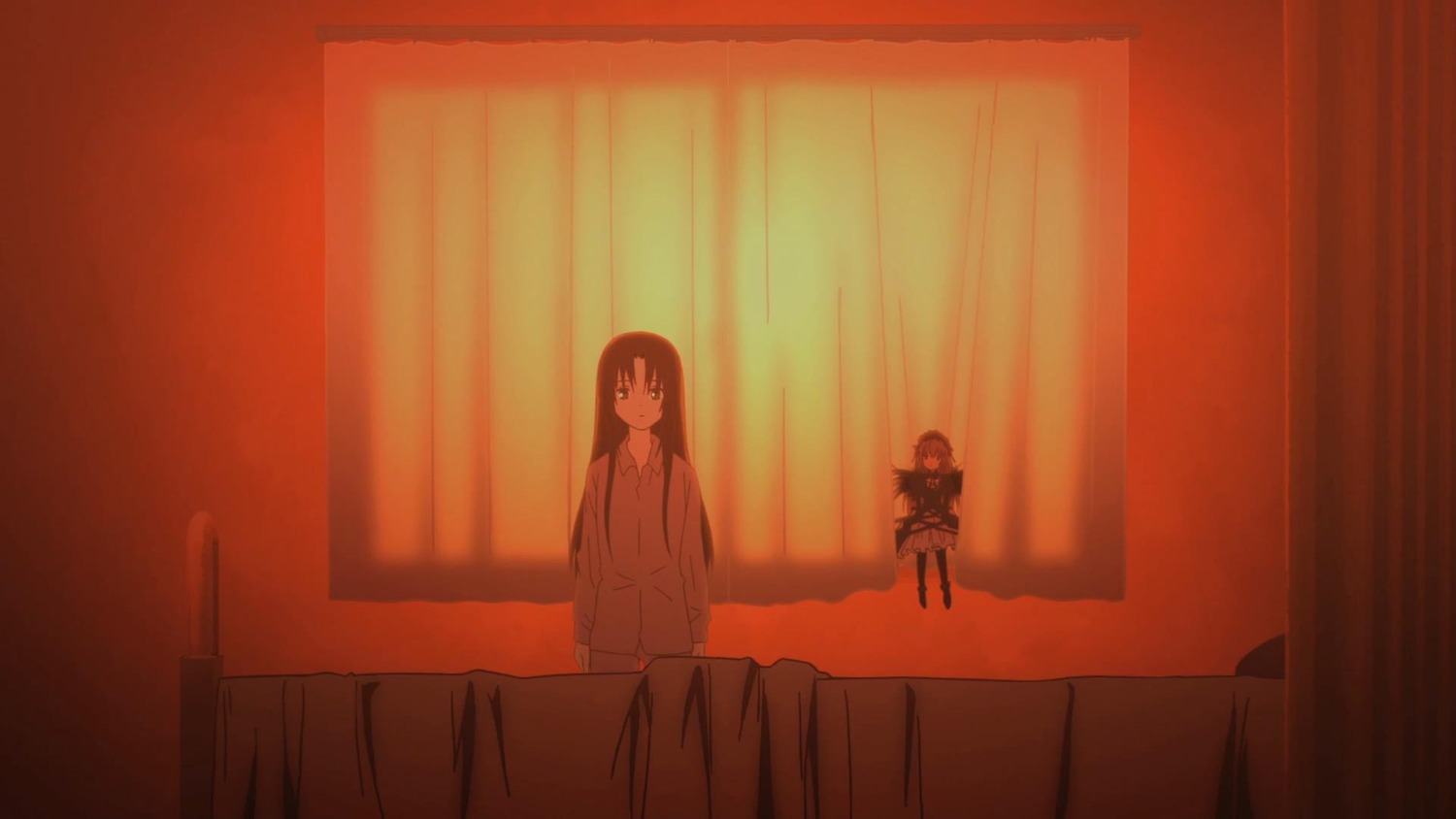 2girls bed brown_hair curtains image indoors kakizaki_megu long_hair multiple_girls solo standing suigintou window