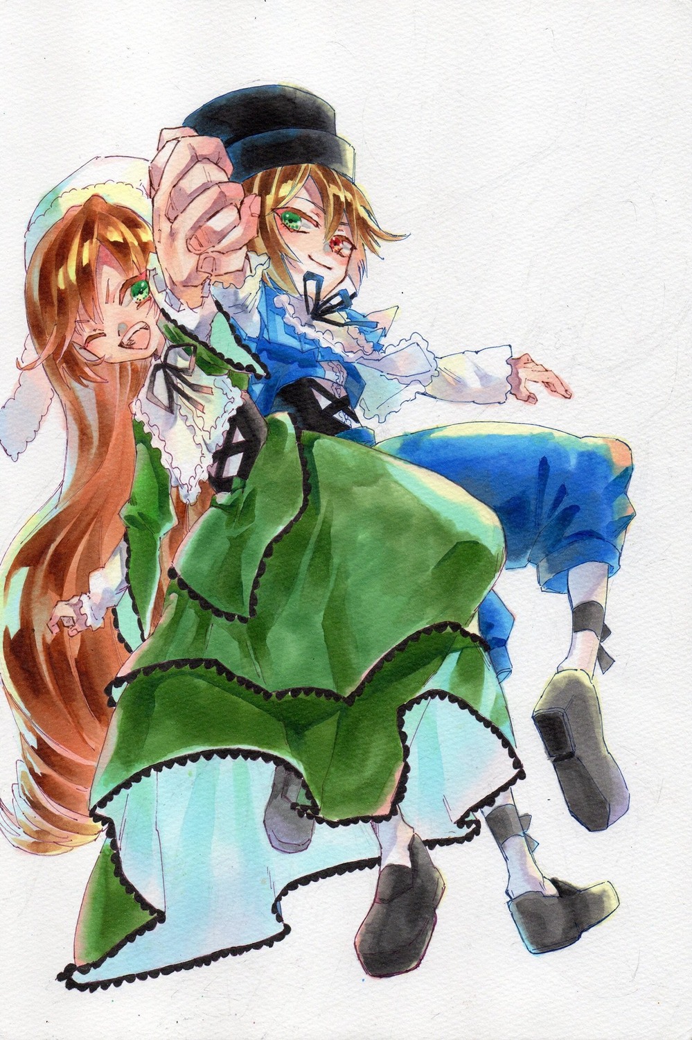 2girls blonde_hair blue_dress brown_hair dress green_dress green_eyes hat image long_hair long_sleeves multiple_girls one_eye_closed open_mouth pair red_eyes short_hair siblings sisters smile souseiseki suiseiseki twins very_long_hair watercolor_(medium)