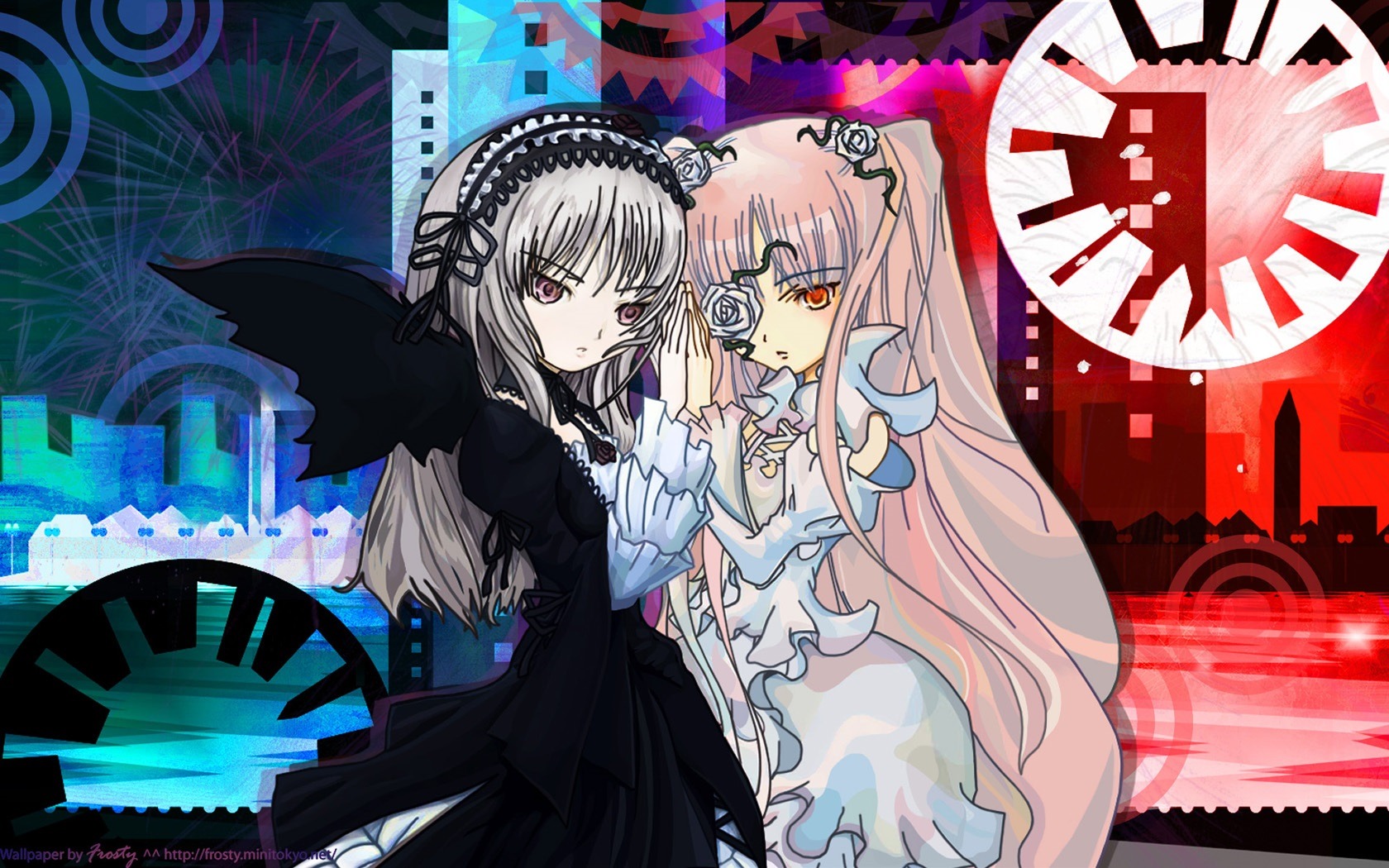 2girls black_dress dress flower frills hairband holding_hands image kirakishou lolita_hairband long_hair long_sleeves looking_at_viewer multiple_girls pair pink_eyes pink_hair red_eyes silver_hair suigintou very_long_hair wings