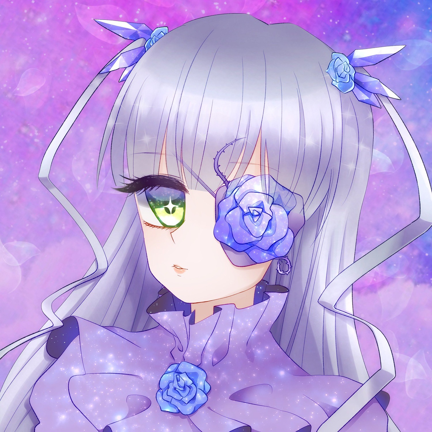 1girl bangs barasuishou blue_flower blue_rose flower green_eyes hair_flower image long_hair portrait purple_flower purple_rose ribbon rose silver_hair solo