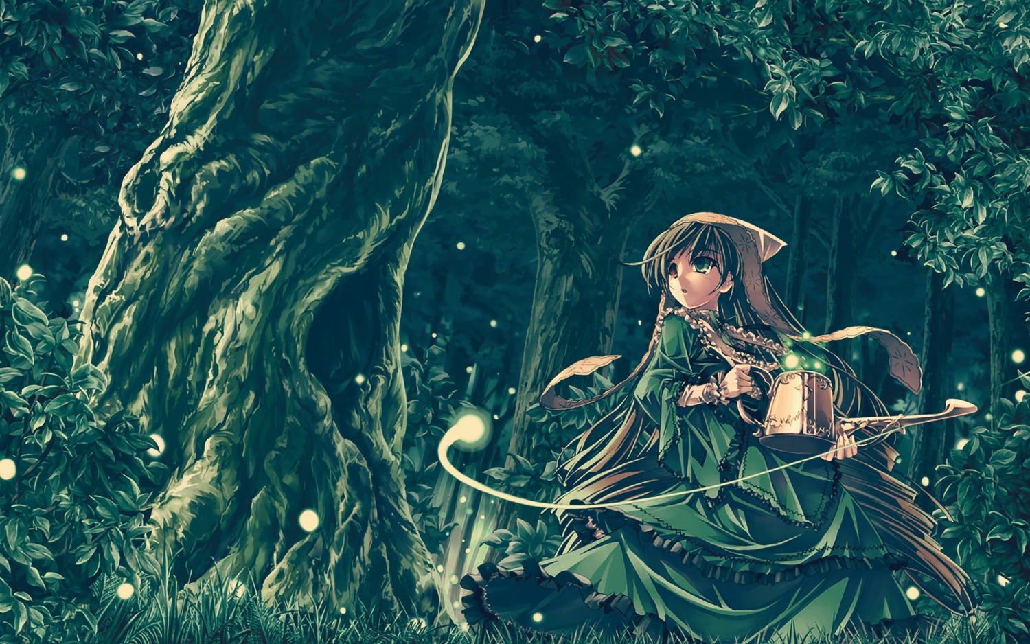 1girl brown_hair dress flower green_dress green_eyes holding image long_hair long_sleeves monster_girl nature plant solo suiseiseki tree very_long_hair wakasagihime