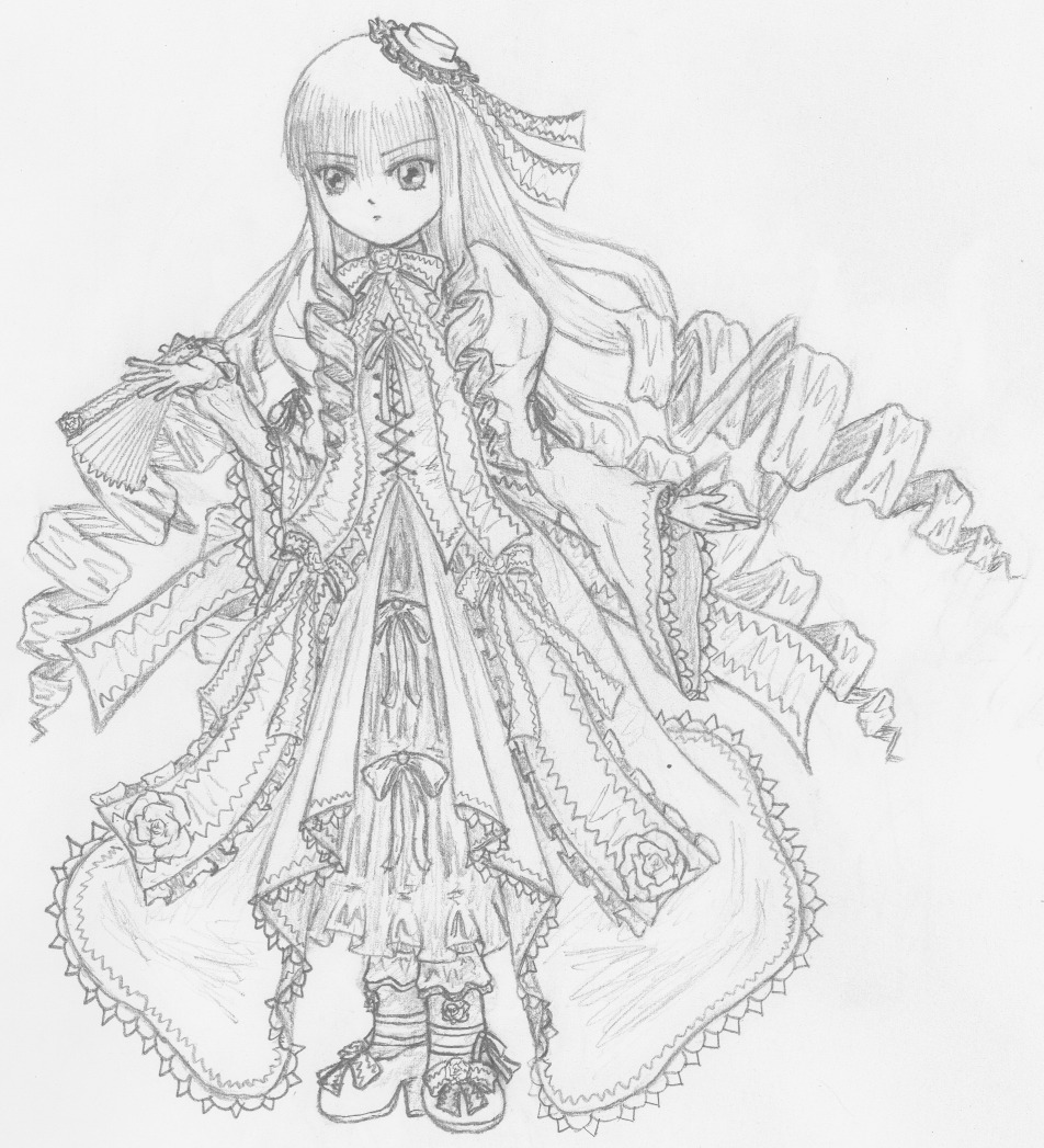 1girl dress drill_hair expressionless flower frills full_body greyscale hat image lolita_fashion long_hair long_sleeves looking_at_viewer monochrome ribbon ringlets rose shinku solo standing too_many traditional_media